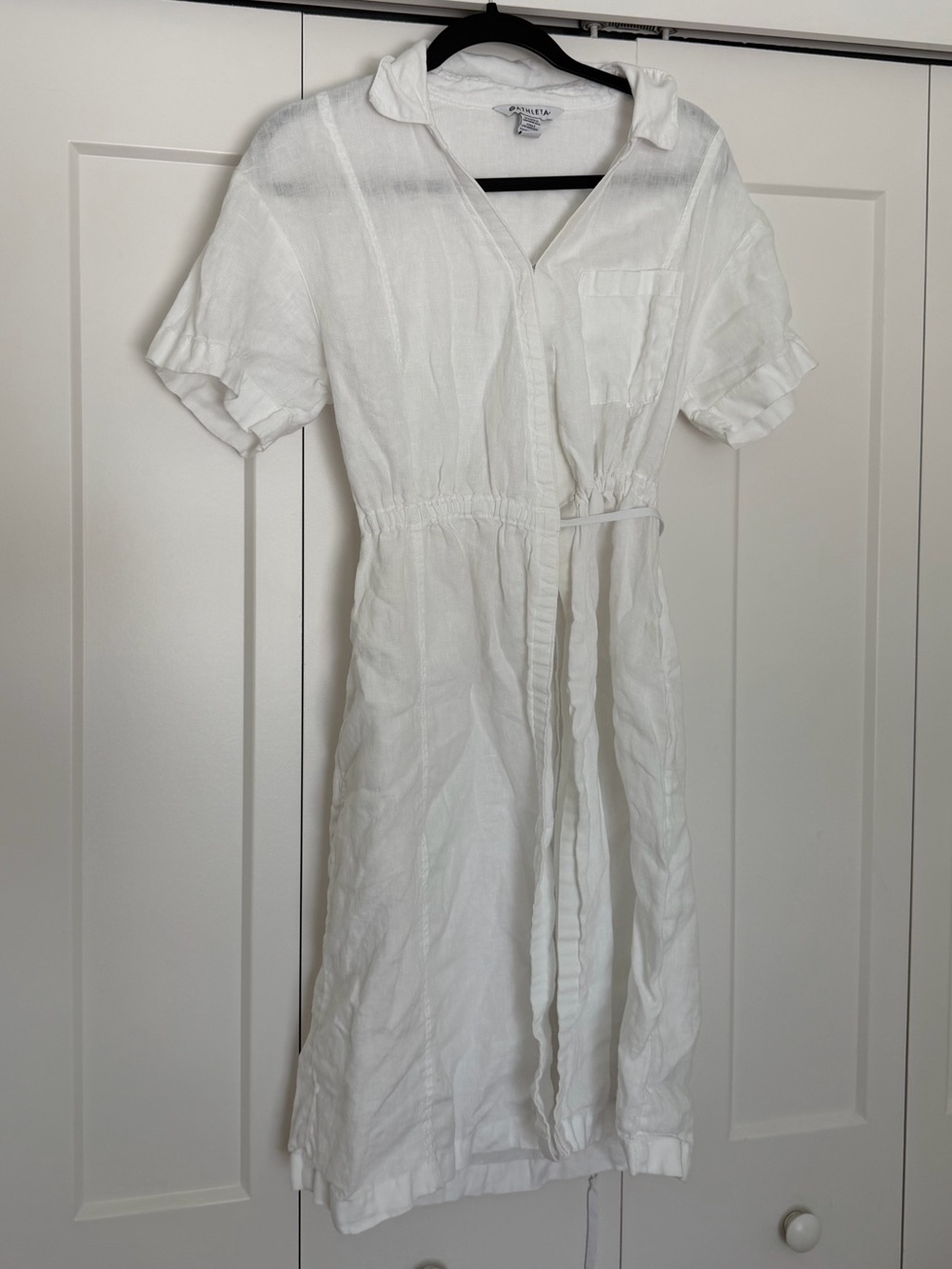 Athleta Women's White Linen Shirt Dress with Tie Waist